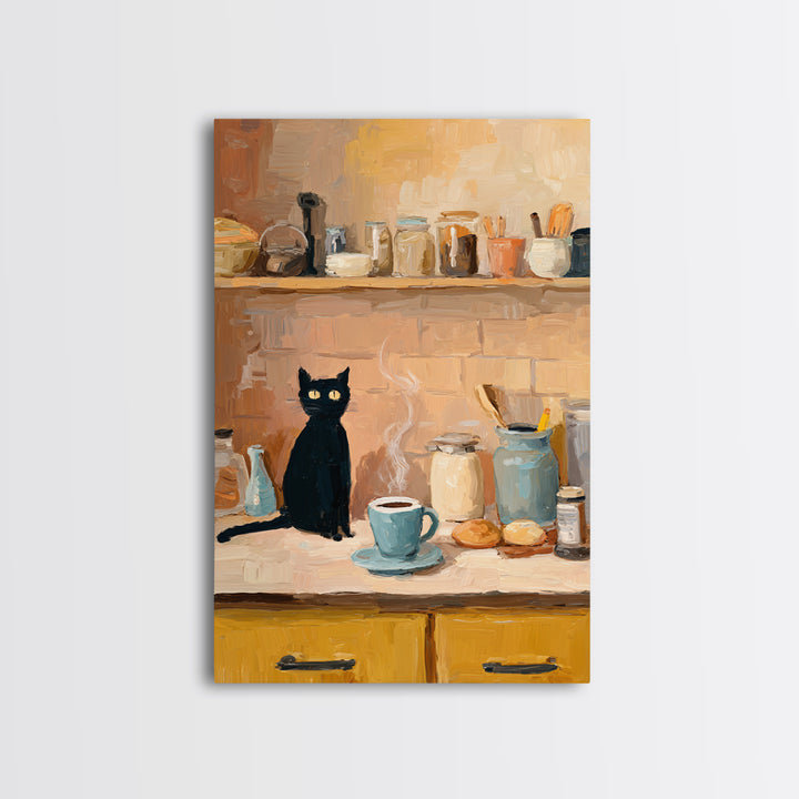 Black Cat Beside a Steaming Cup Framed Canvas Print, Coffee Shop Art, Kitchen Art, Cafe Decor, Cafe, Minimalist Wall Art, CSA-2x3-94