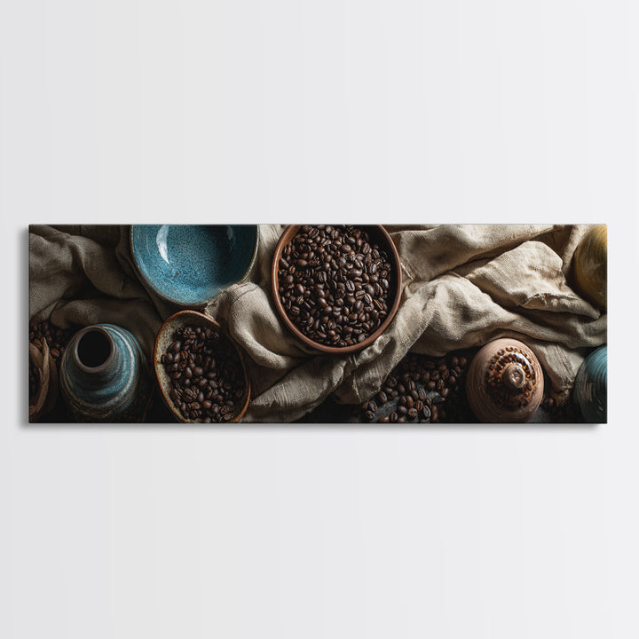 Roasted Beans Falling Through Dark Space Framed Canvas Print, Coffee Shop Art, Moody Wall Art, Cafe Decor, Fine Art, Cafe, CSA-3x1-12