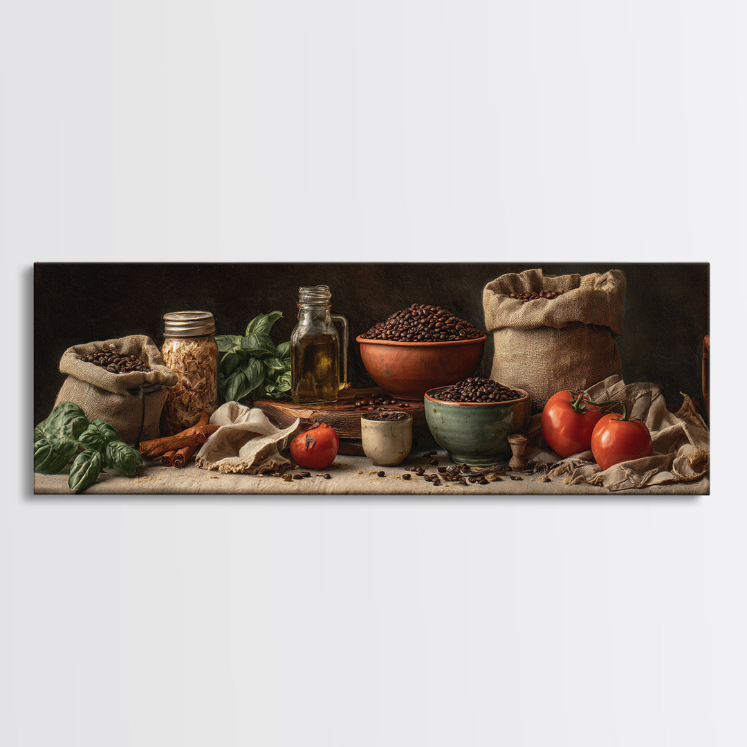 Coffee Beans and Burlap Sack Still Life Framed Canvas Print, Coffee Shop Art, Kitchen Art, Cafe Decor, Fine Art, Cafe, CSA-3x1-18