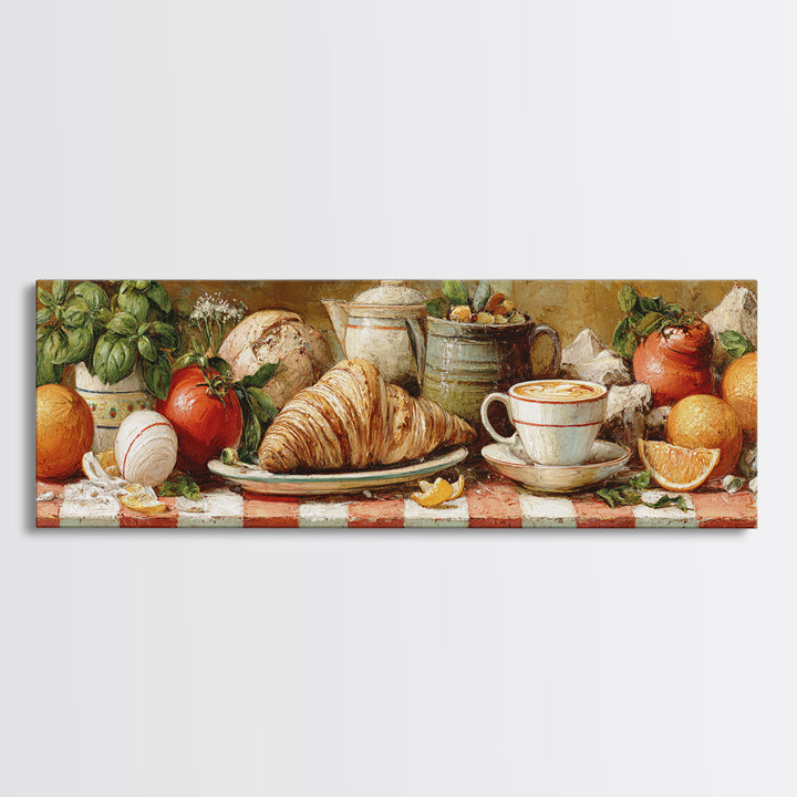 Croissant and Cappuccino on Striped Cloth Canvas Print, Coffee Shop Art, Moody Wall Art, Cafe Decor, Cafe, Luxury Decor, CSA-3x1-21