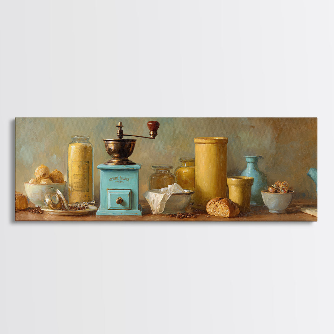 Coffee Grinder Antique Still Life Framed Canvas Print, Coffee Shop Art, Whimsical Art, Cafe Decor, Oil Painting, Cafe, CSA-3x1-28