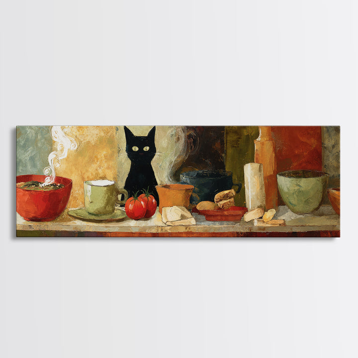 Black Cat Beside a Steaming Cup Canvas Print, Coffee Shop Art, Printable, Cafe Decor, Fine Art, Cafe, Dopamine Decor, CSA-3x1-30