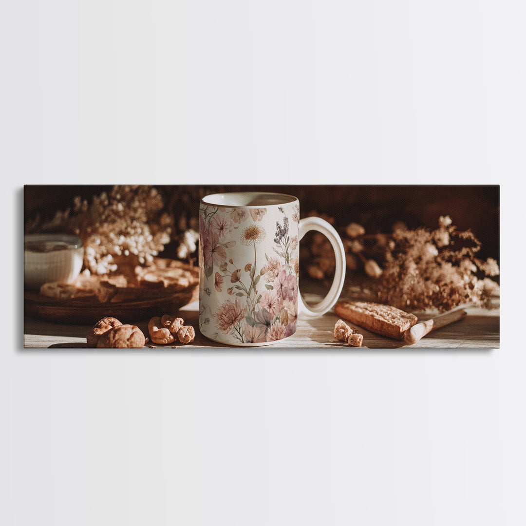 Ceramic Mug with Wildflowers Around It Framed Canvas Print, Coffee Shop Art, Coffee Wall Art, Cafe Decor, Fine Art, Cafe, CSA-3x1-32