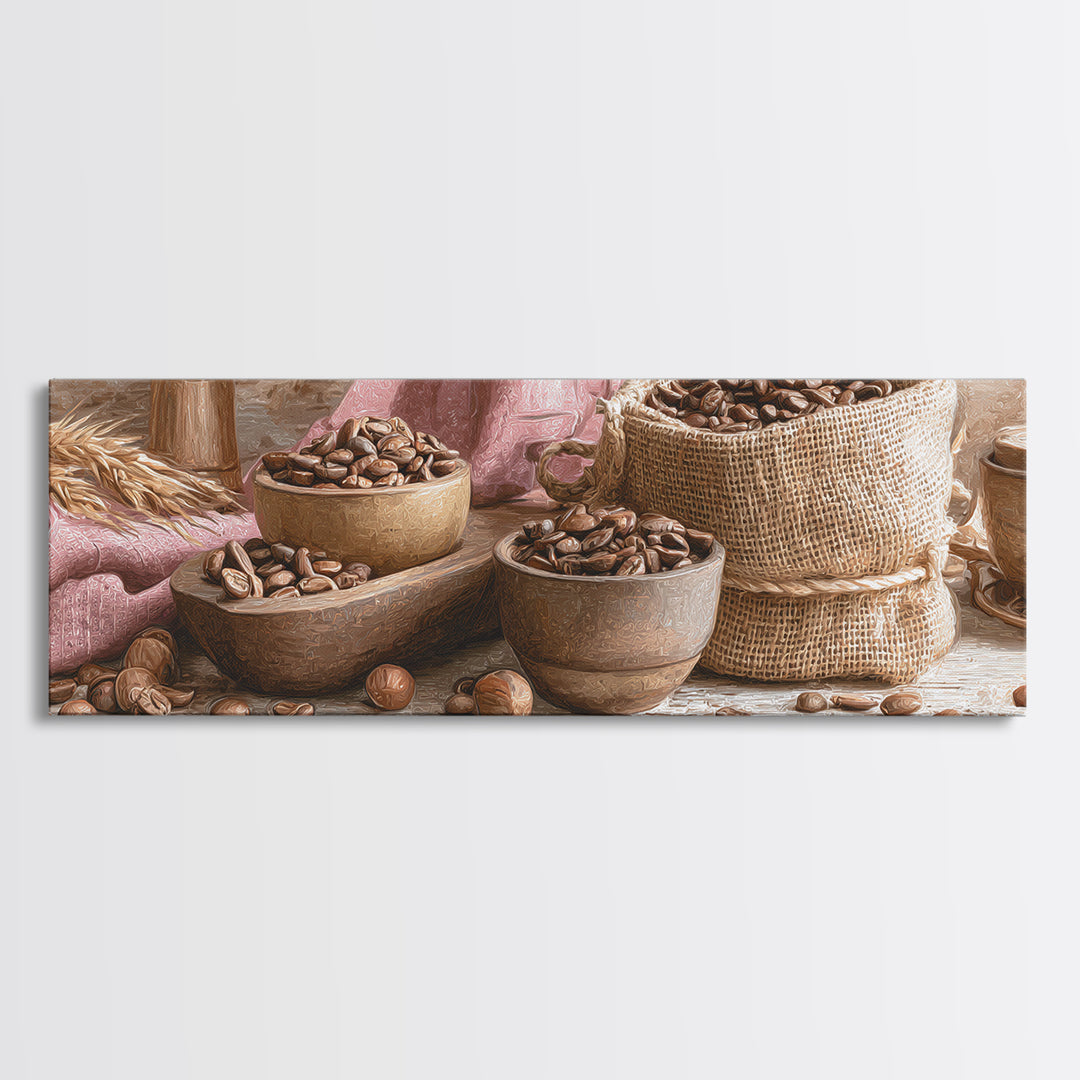 Coffee Beans and Burlap Sack Still Life Canvas Print, Coffee Shop Art, Canvas Print, Cafe Decor, Fine Art, Cafe, Neutral Decor, CSA-3x1-42
