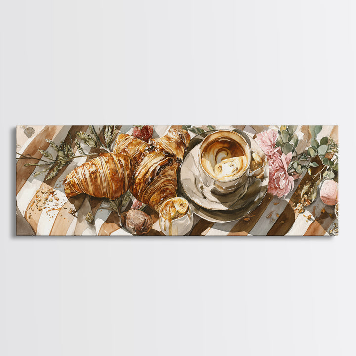 Croissant and Cappuccino on Striped Cloth Canvas Print, Coffee Shop Art, Moody Wall Art, Cafe Decor, Cafe, Luxury Decor, CSA-3x1-45