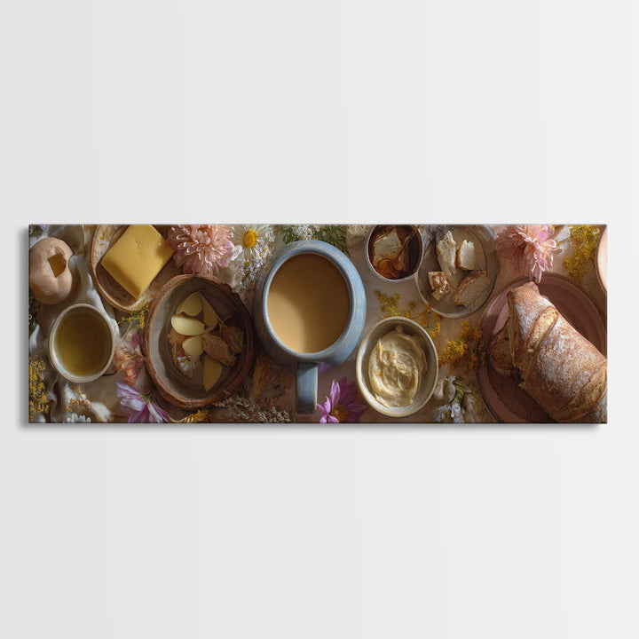 Ceramic Mug with Wildflowers Around It Framed Canvas Print, Coffee Shop Art, Minimalist Decor, Cafe Decor, Oil Painting, Cafe, CSA-3x1-56