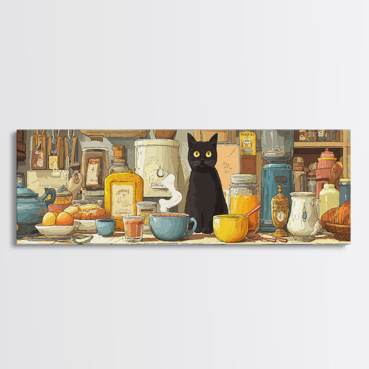 Black Cat Beside a Steaming Cup Canvas Print, Coffee Shop Art, Moody Wall Art, Cafe Decor, Fine Art, Cafe, Luxury Decor, CSA-3x1-6