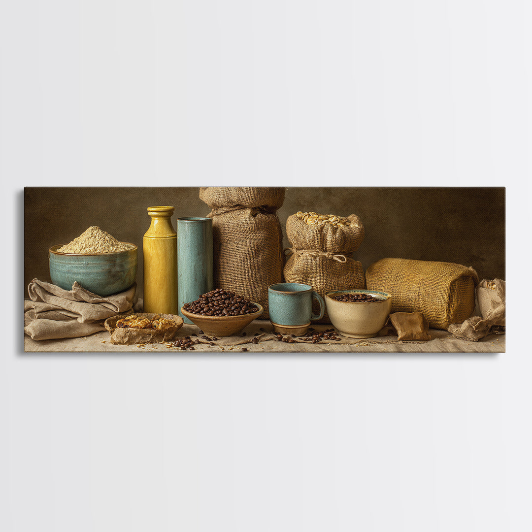 Coffee Beans and Burlap Sack Still Life Canvas Print, Coffee Shop Art, Canvas Print, Cafe Decor, Fine Art, Cafe, Neutral Decor, CSA-3x1-66