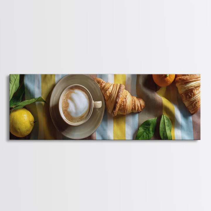 Croissant and Cappuccino on Striped Cloth Framed Canvas Print, Coffee Shop Art, Gallery Decor, Cafe Decor, Fine Art, Cafe, CSA-3x1-69