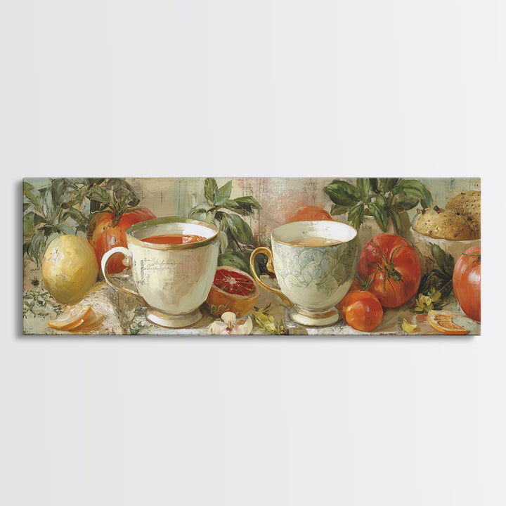 Two Cups Facing Each Other Framed Canvas Print, Coffee Shop Art, Coffee Art, Cafe Decor, Fine Art, Cafe, Textured Painting, CSA-3x1-77