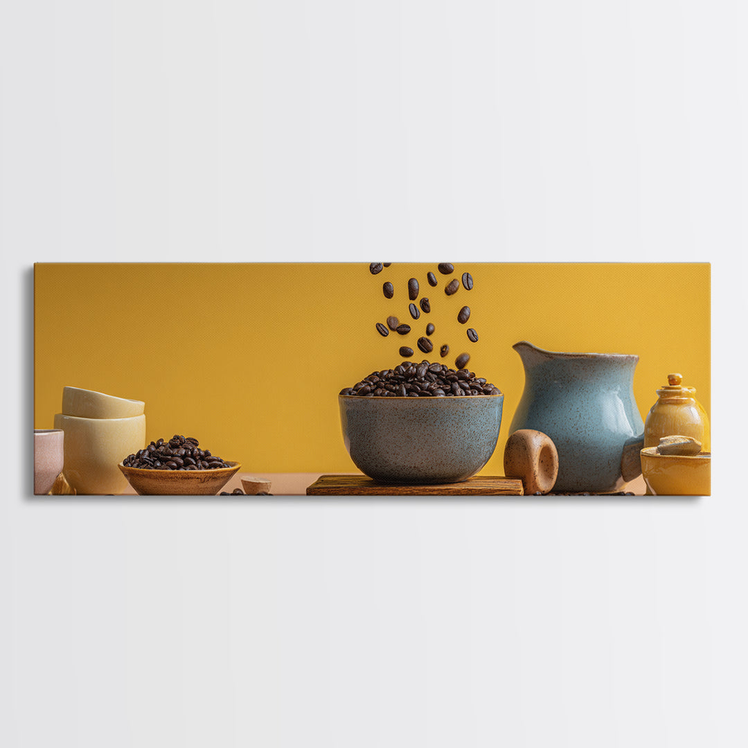Roasted Beans Falling Through Dark Space Framed Canvas Print, Coffee Shop Art, Printable, Cafe Decor, Fine Art, Cafe, CSA-3x1-84