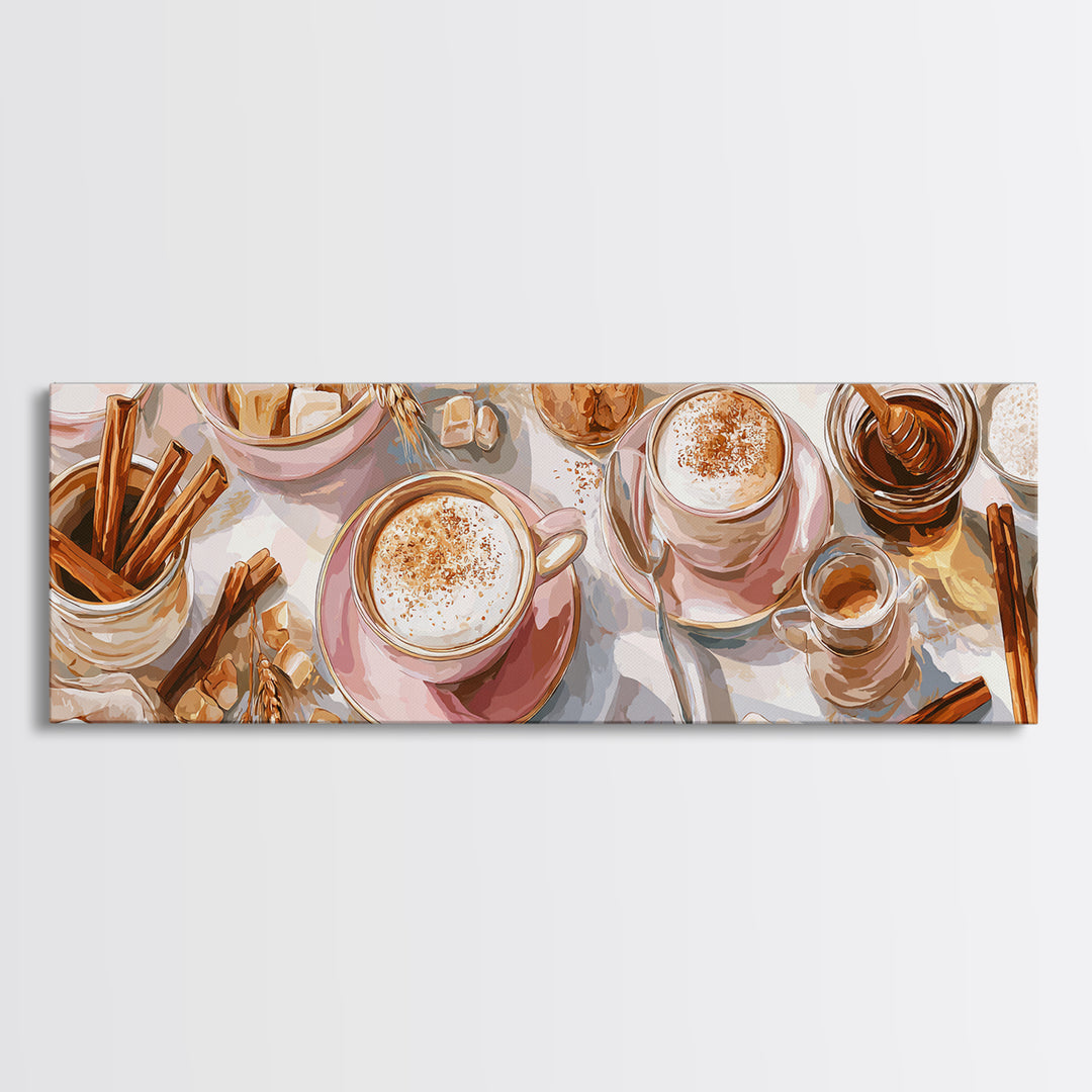 Cinnamon Sticks and Cappuccino Foam Still Life Canvas Print, Coffee Shop Art, Wall Art, Cafe Decor, Oil Painting, Cafe, CSA-3x1-88