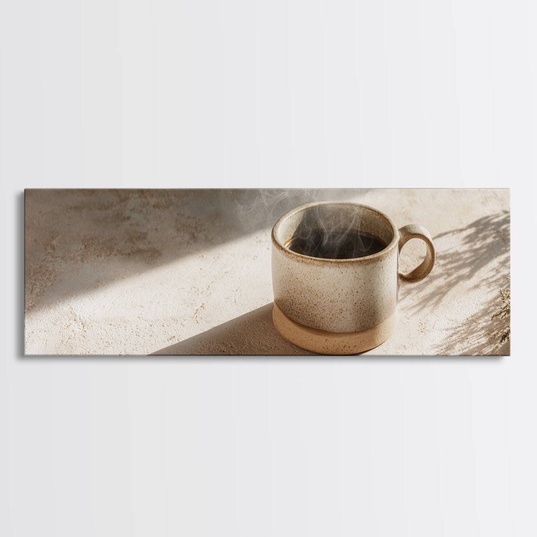 Espresso Cup with Rising Steam and Warm Framed Canvas Print, Coffee Shop Art, Boho Decor, Cafe Decor, Oil Painting, Cafe, CSA-3x1-89