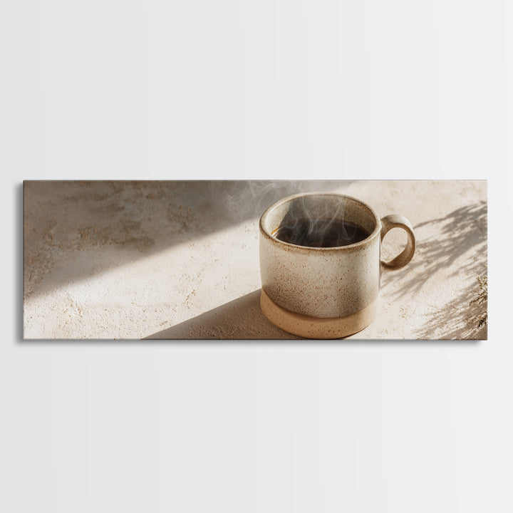 Espresso Cup with Rising Steam and Warm Framed Canvas Print, Coffee Shop Art, Boho Decor, Cafe Decor, Oil Painting, Cafe, CSA-3x1-89