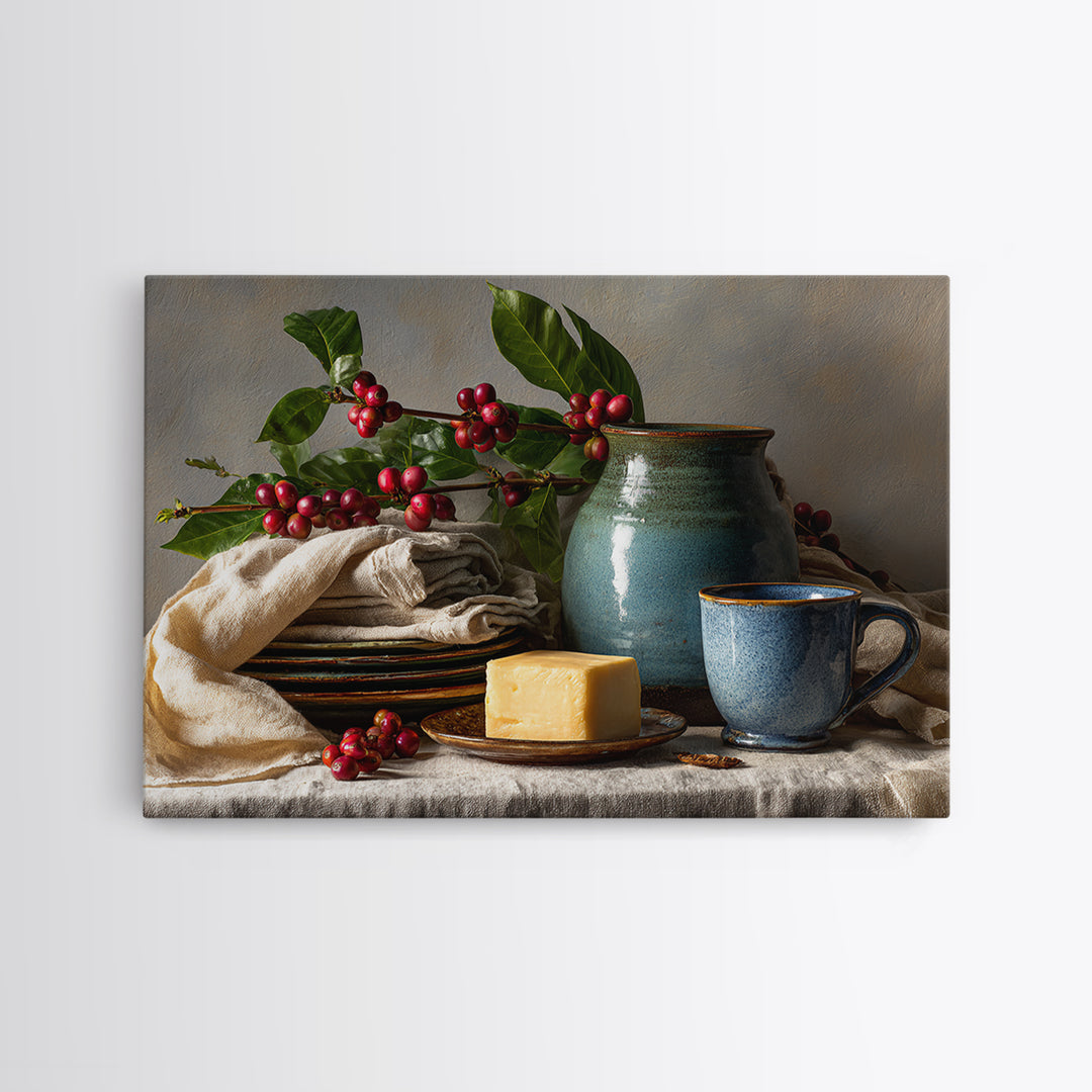 Botanical Coffee Plant Branch Framed Canvas Print, Coffee Shop Art, Dopamine Decor, Cafe Decor, Oil Painting, Cafe, CSA-3x2-10