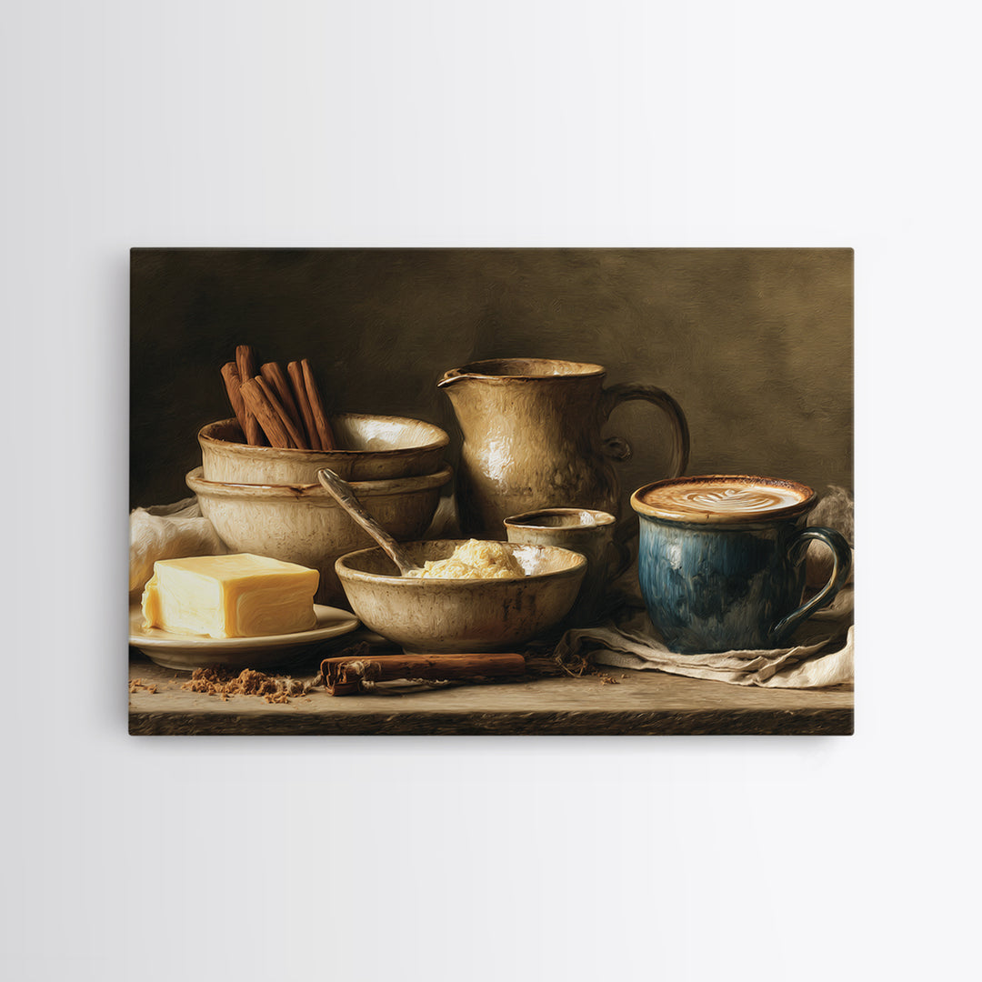 Cinnamon Sticks and Cappuccino Foam Still Life Framed Canvas Print, Coffee Shop Art, Wall Art, Cafe Decor, Oil Painting, Cafe, CSA-3x2-100