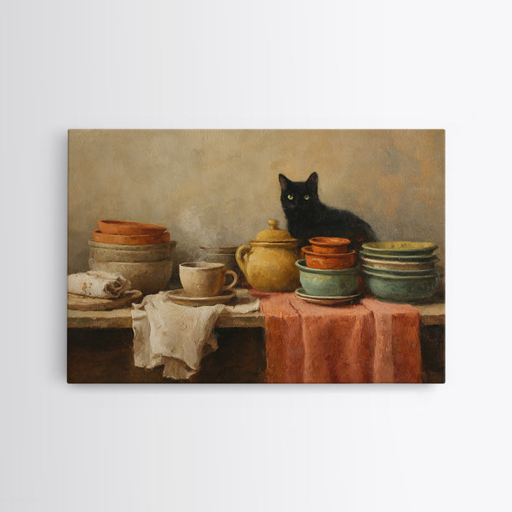 Black Cat Beside a Steaming Cup Framed Canvas Print, Coffee Shop Art, Kitchen Art, Cafe Decor, Cafe, Minimalist Wall Art, CSA-3x2-18