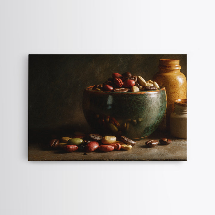 Roasted Beans Falling Through Dark Space Framed Canvas Print, Coffee Shop Art, Moody Wall Art, Cafe Decor, Fine Art, Cafe, CSA-3x2-24