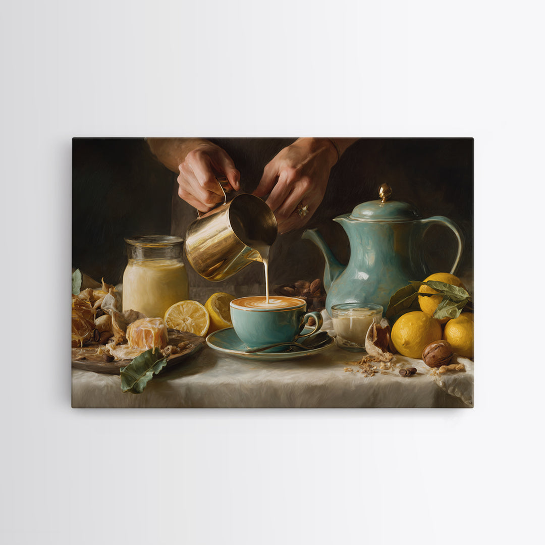 Barista Hands Pouring Milk into Espresso Framed Canvas Print, Coffee Shop Art, Minimalist Wall Art, Cafe Decor, Abstract Art, CSA-3x2-25