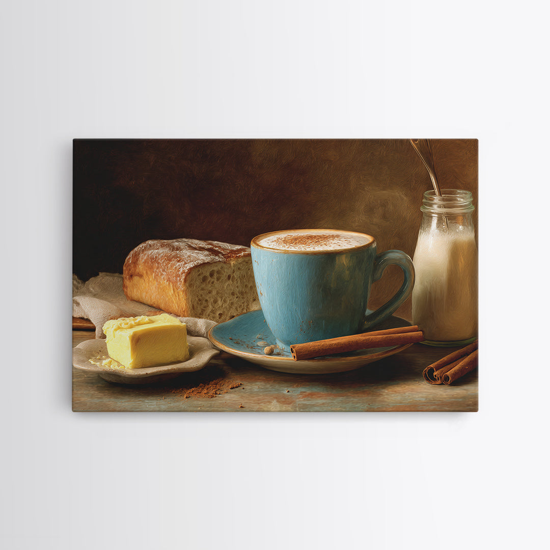 Cinnamon Sticks and Cappuccino Foam Still Life Framed Canvas Print, Coffee Shop Art, Bedroom Wall Art, Cafe Decor, Cafe, CSA-3x2-28