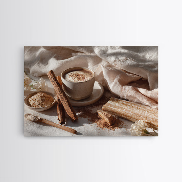Cinnamon Sticks and Cappuccino Foam Still Life Canvas Print, Coffee Shop Art, Kitchen Gift, Cafe Decor, Oil Painting, Cafe, CSA-3x2-4