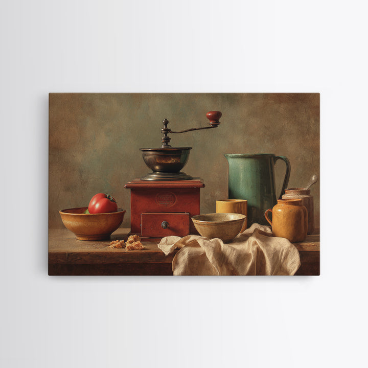 Coffee Grinder Antique Still Life Framed Canvas Print, Coffee Shop Art, Whimsical Art, Cafe Decor, Oil Painting, Cafe, CSA-3x2-40