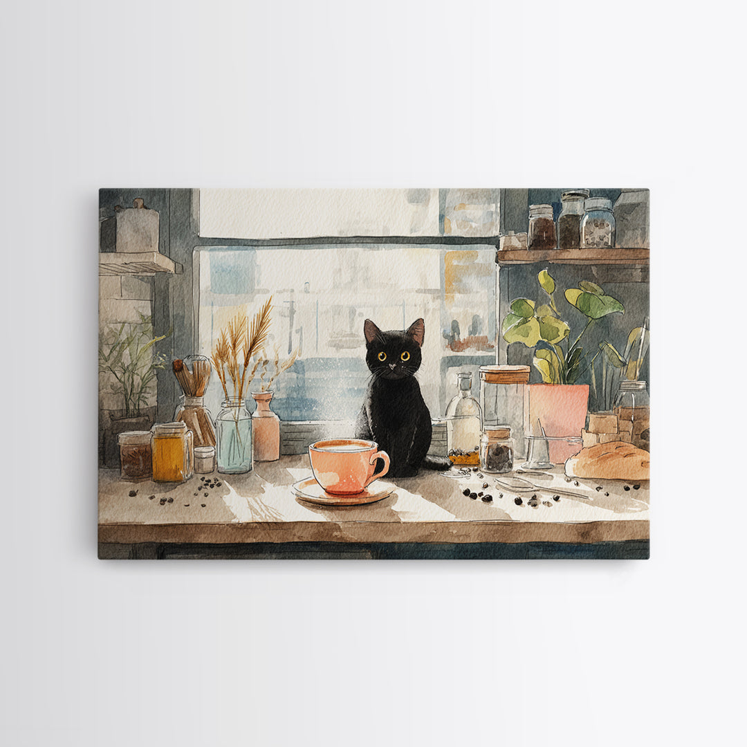 Black Cat Beside a Steaming Cup Canvas Print, Coffee Shop Art, Canvas Print, Cafe Decor, Fine Art, Cafe, Neutral Decor, CSA-3x2-42