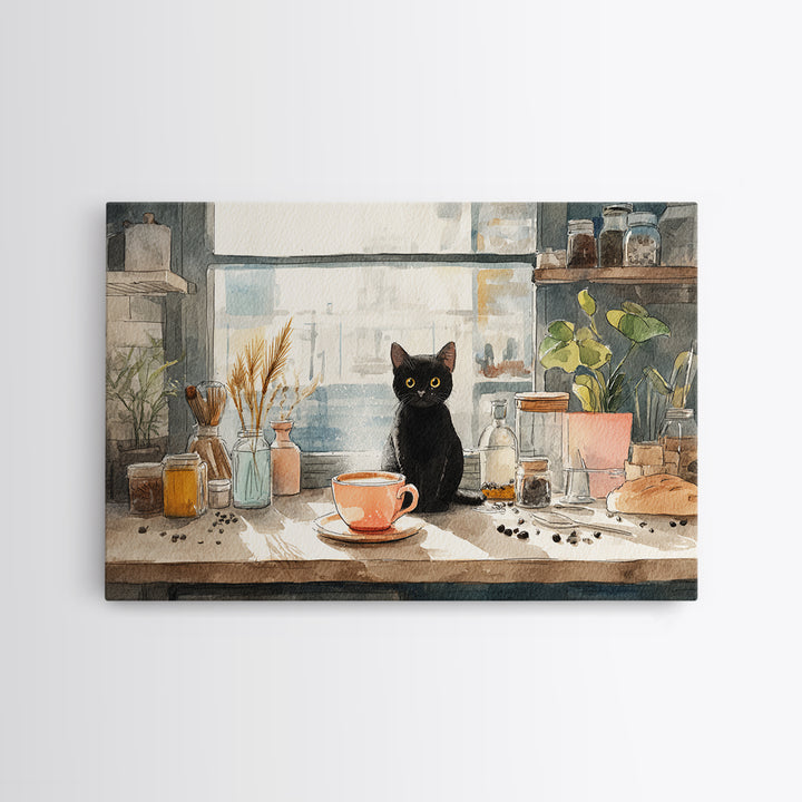 Black Cat Beside a Steaming Cup Canvas Print, Coffee Shop Art, Canvas Print, Cafe Decor, Fine Art, Cafe, Neutral Decor, CSA-3x2-42