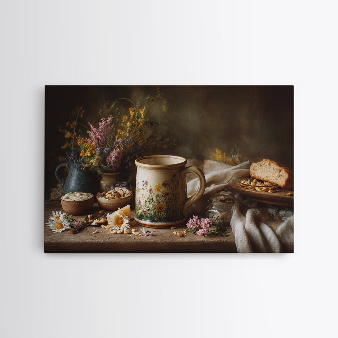 Ceramic Mug with Wildflowers Around It Canvas Print, Coffee Shop Art, Coffee Wall Art, Cafe Decor, Fine Art, Cafe, CSA-3x2-44
