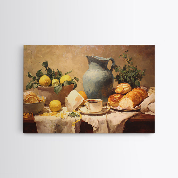 Sunlit Pastry and Coffee Arrangement Framed Canvas Print, Coffee Shop Art, Digital Wall Art, Cafe Decor, Oil Painting, Cafe, CSA-3x2-47