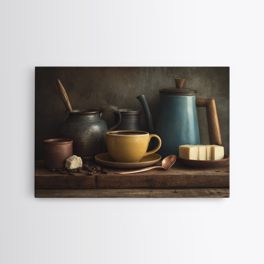 Moody Dark Roast Still Life Framed Canvas Print, Coffee Shop Art, Textured Painting, Cafe Decor, Fine Art, Cafe, Kitchen Decor, CSA-3x2-60