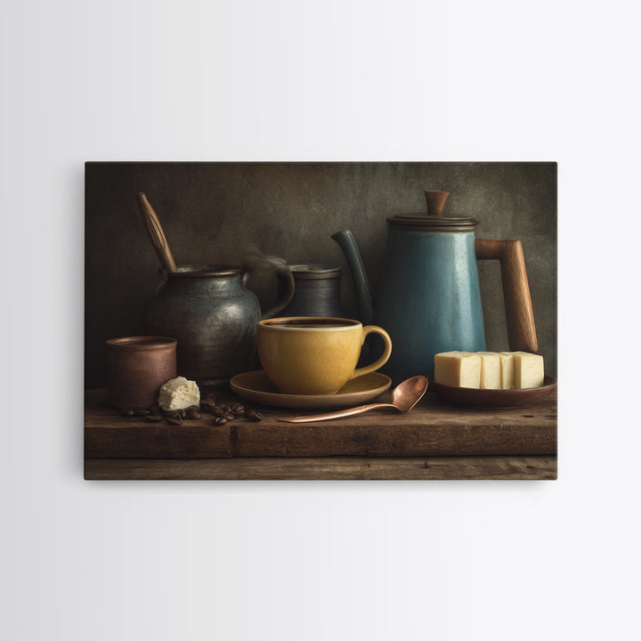 Moody Dark Roast Still Life Framed Canvas Print, Coffee Shop Art, Textured Painting, Cafe Decor, Fine Art, Cafe, Kitchen Decor, CSA-3x2-60