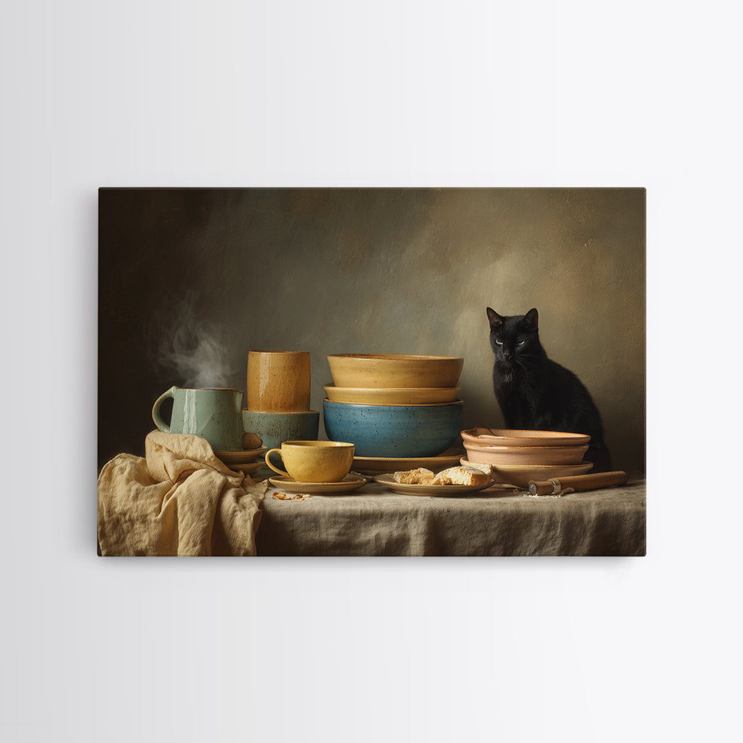 Black Cat Beside a Steaming Cup Canvas Print, Coffee Shop Art, Canvas Print, Cafe Decor, Fine Art, Cafe, Neutral Decor, CSA-3x2-66