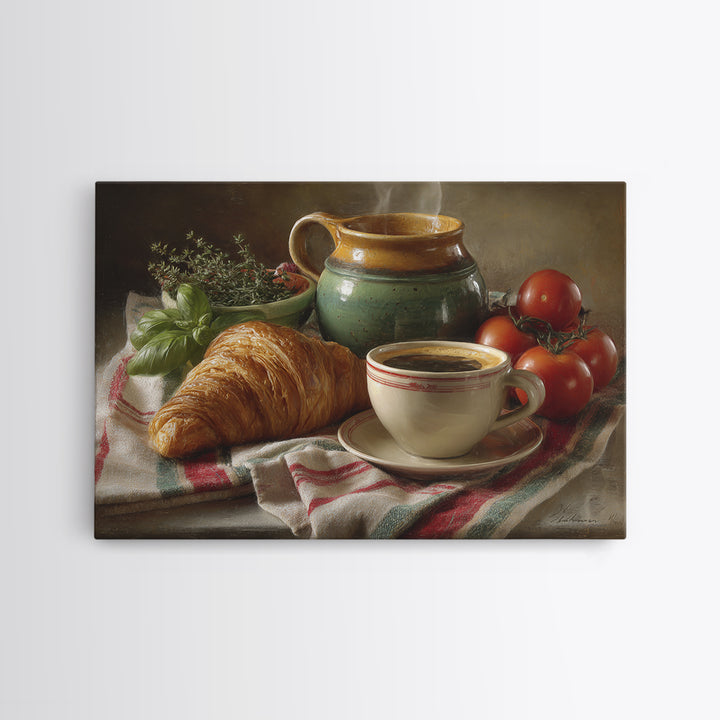 Croissant and Cappuccino on Striped Cloth Framed Canvas Print, Coffee Shop Art, Fine Art Print, Cafe Decor, Fine Art, Cafe, CSA-3x2-81