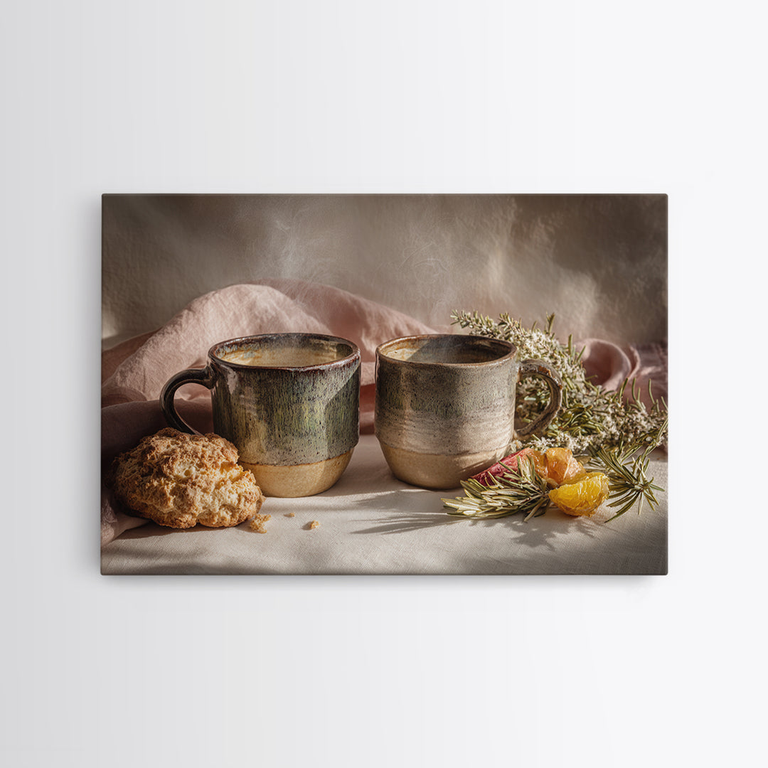 Two Cups Facing Each Other Canvas Print, Coffee Shop Art, Boho Decor, Cafe Decor, Oil Painting, Cafe, Printable, CSA-3x2-89