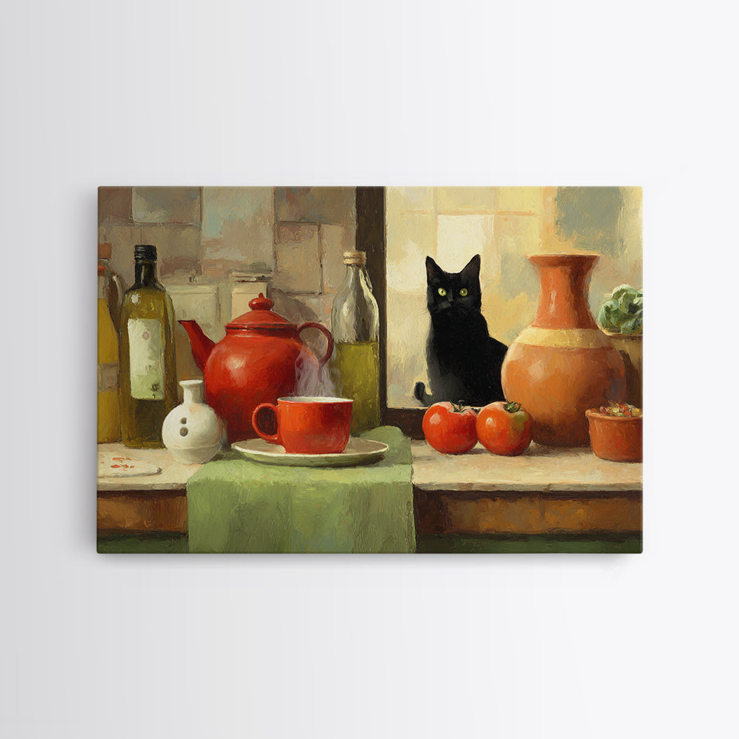 Black Cat Beside a Steaming Cup Framed Canvas Print, Coffee Shop Art, Moody Wall Art, Cafe Decor, Fine Art, Cafe, Luxury Decor, CSA-3x2-90
