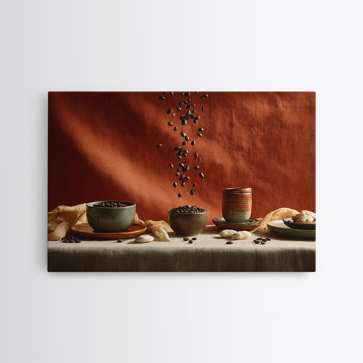 Roasted Beans Falling Through Dark Space Framed Canvas Print, Coffee Shop Art, Printable, Cafe Decor, Fine Art, Cafe, CSA-3x2-96