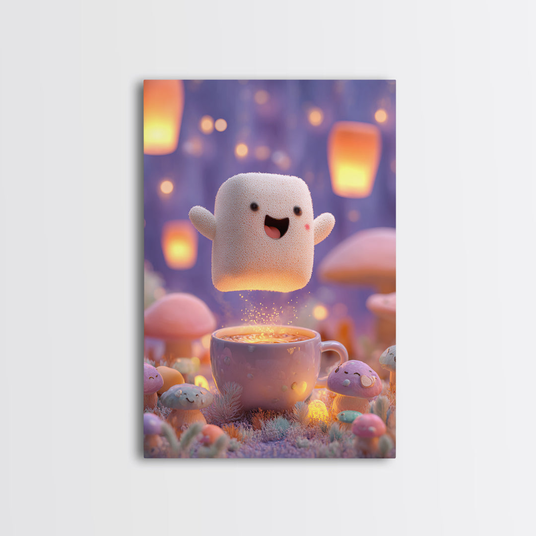 The Marshmallow Ghost, Kids Halloween Decor, Vertical Wall Art, Canvas Print, Halloween Kids Decor, Whimsical Wall Art, Dark Fantasy Art