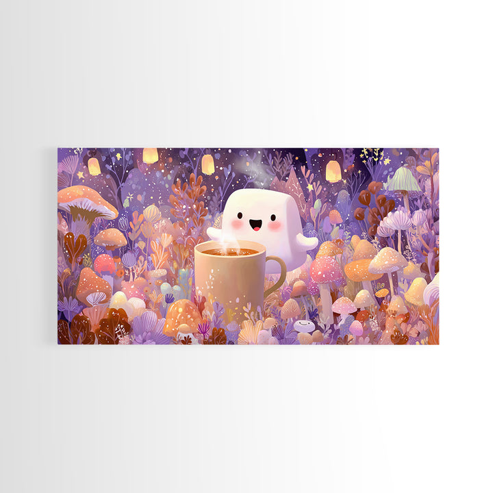 The Marshmallow Ghost, Storybook Halloween Art, Wide Panoramic Art, Canvas Print, Halloween Kids Decor, Whimsical Wall Art