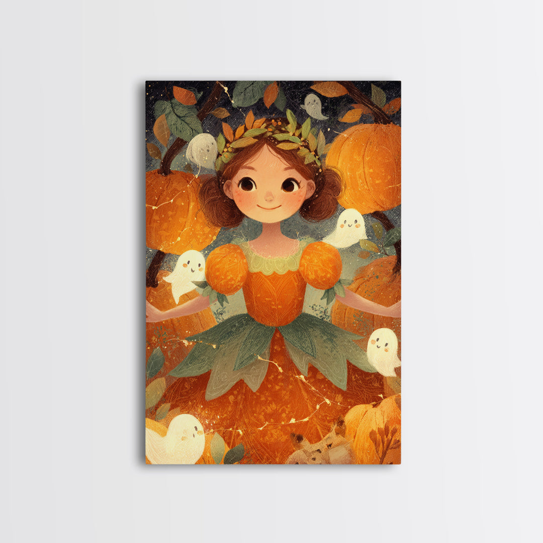 The Pumpkin Princess, Cute Spooky Wall Art, Vertical Wall Art, Canvas Print, Halloween Kids Decor, Whimsical Wall Art, Spooky Wall Decor