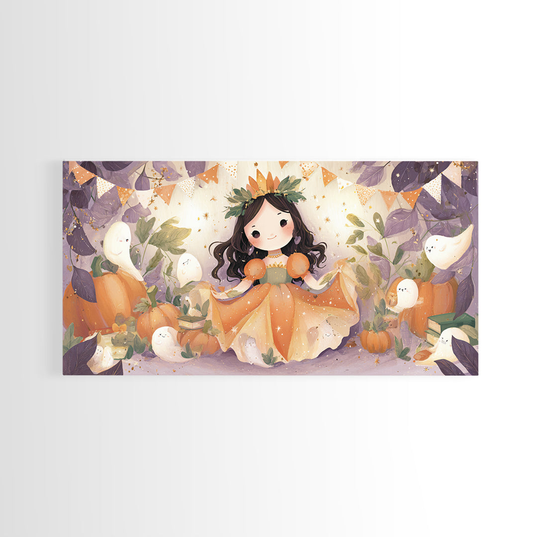The Pumpkin Princess, Cute Halloween Wall Art, Wide Panoramic Art, Framed Canvas Print, Halloween Kids Decor, Whimsical Wall Art