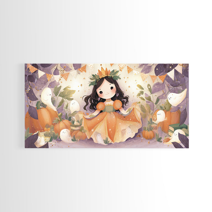 The Pumpkin Princess, Cute Halloween Wall Art, Wide Panoramic Art, Framed Canvas Print, Halloween Kids Decor, Whimsical Wall Art