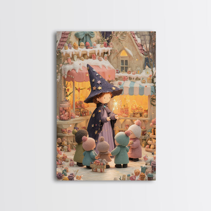 The Little Star Witch, Cute Halloween Wall Art, Vertical Wall Art, Framed Canvas Print, Halloween Kids Decor, Whimsical Wall Art