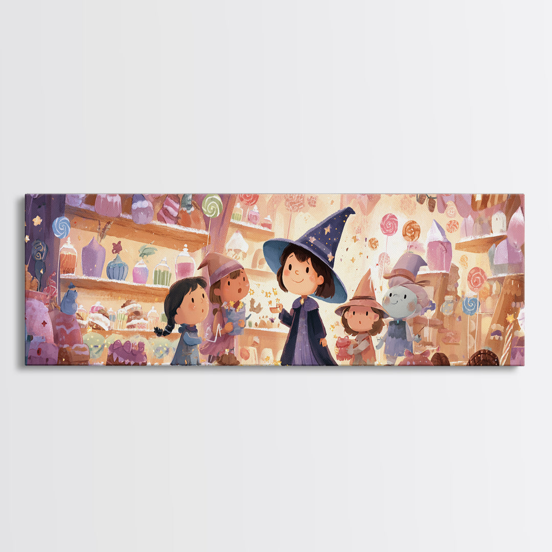 The Little Star Witch, Storybook Halloween Art, Extra Wide Wall Art, Framed Canvas Print, Halloween Kids Decor, Whimsical Wall Art