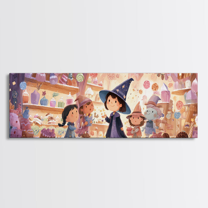 The Little Star Witch, Storybook Halloween Art, Extra Wide Wall Art, Framed Canvas Print, Halloween Kids Decor, Whimsical Wall Art