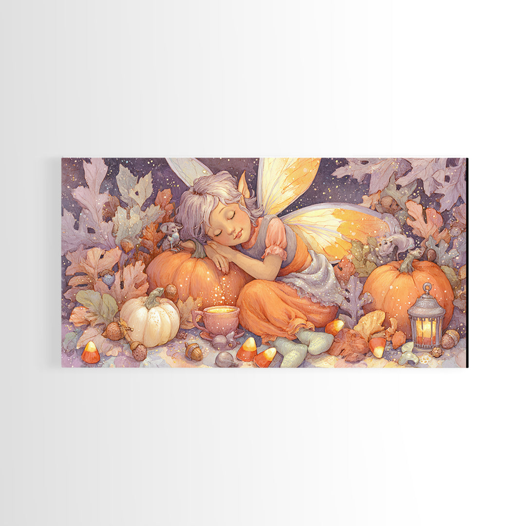 The Candy Corn Fairy, Storybook Halloween Art, Wide Panoramic Art, Canvas Print, Halloween Kids Decor, Whimsical Wall Art