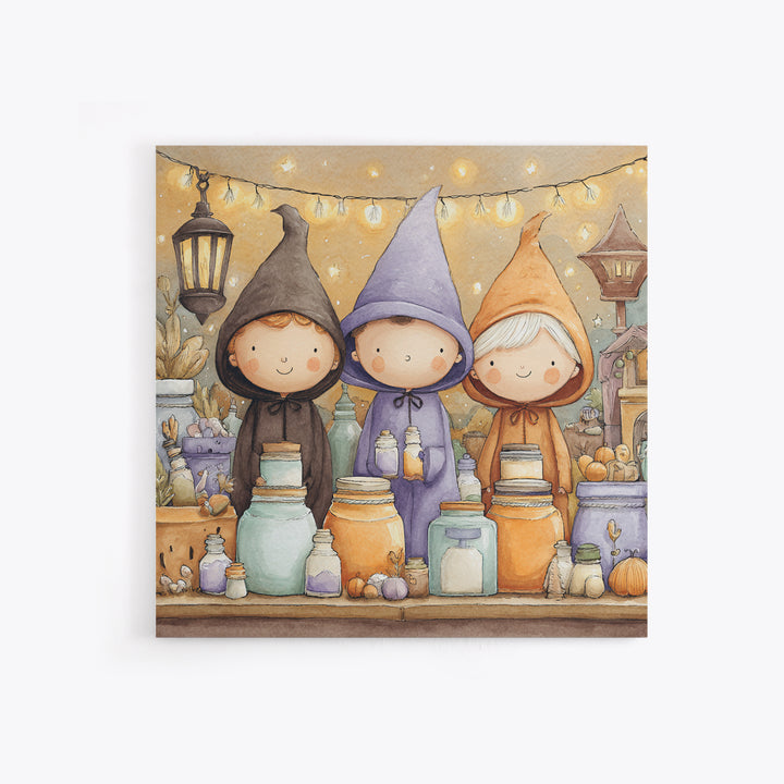 The Moonbeam Wizard, Storybook Halloween Art, Square Wall Art, Framed Canvas Print, Halloween Kids Decor, Whimsical Wall Art