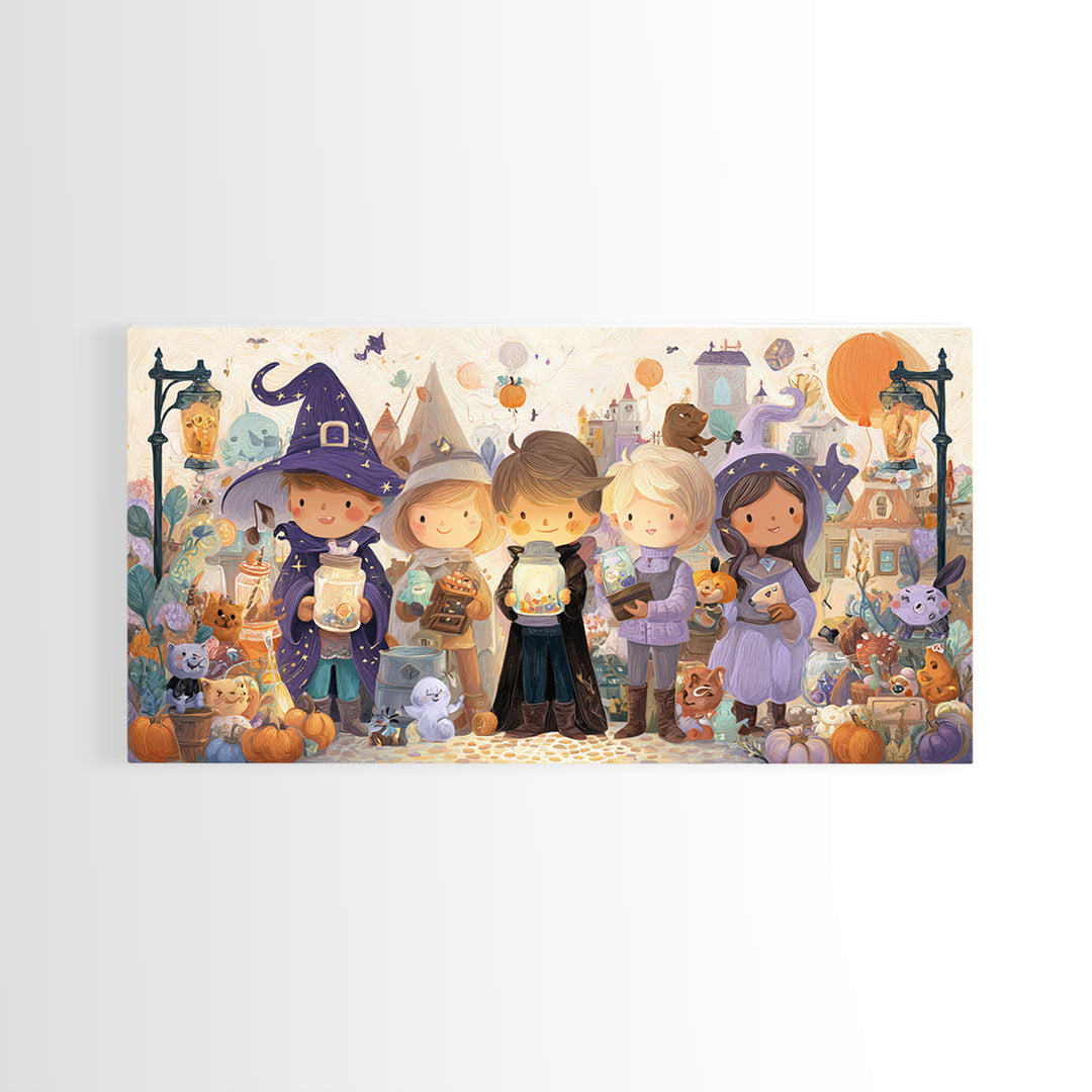 The Moonbeam Wizard, Whimsical Halloween Art, Wide Panoramic Art, Canvas Print, Halloween Kids Decor, Whimsical Wall Art, Horror Wall Art