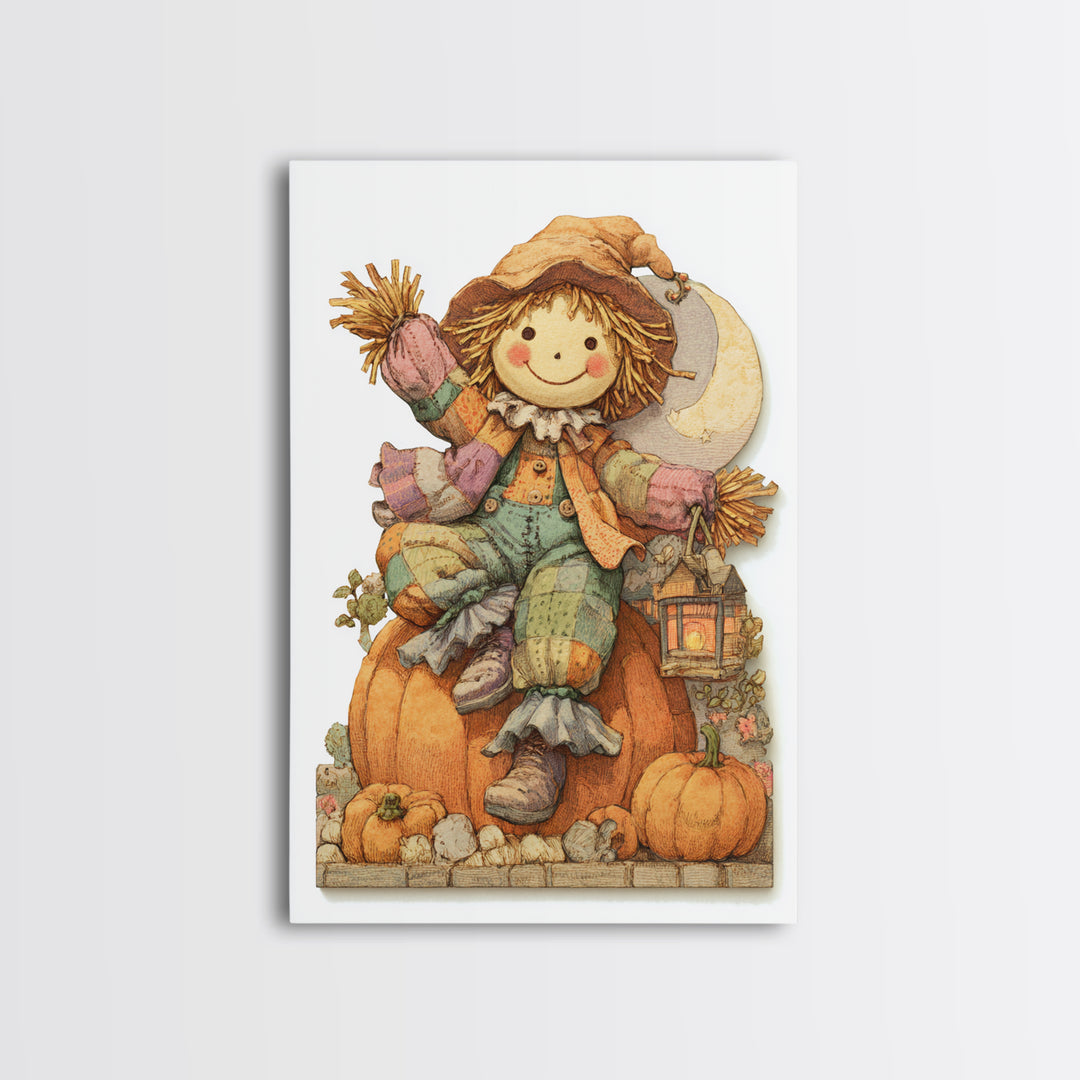 The Button-Nosed Scarecrow, Whimsical Halloween Art, Vertical Wall Art, Canvas Print, Halloween Kids Decor, Whimsical Wall Art