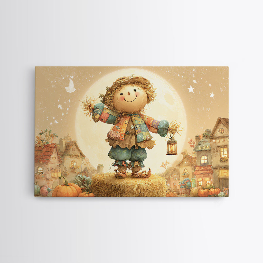 The Button-Nosed Scarecrow, Cute Spooky Wall Art, Landscape Wall Art, Canvas Print, Halloween Kids Decor, Whimsical Wall Art
